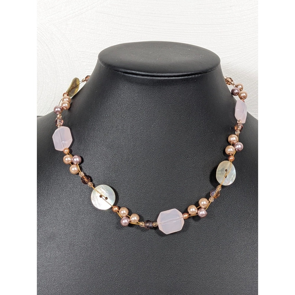 Beachy Coastal Copper Tone Pink Pearl Shell Disc Wire Necklace 19 inch